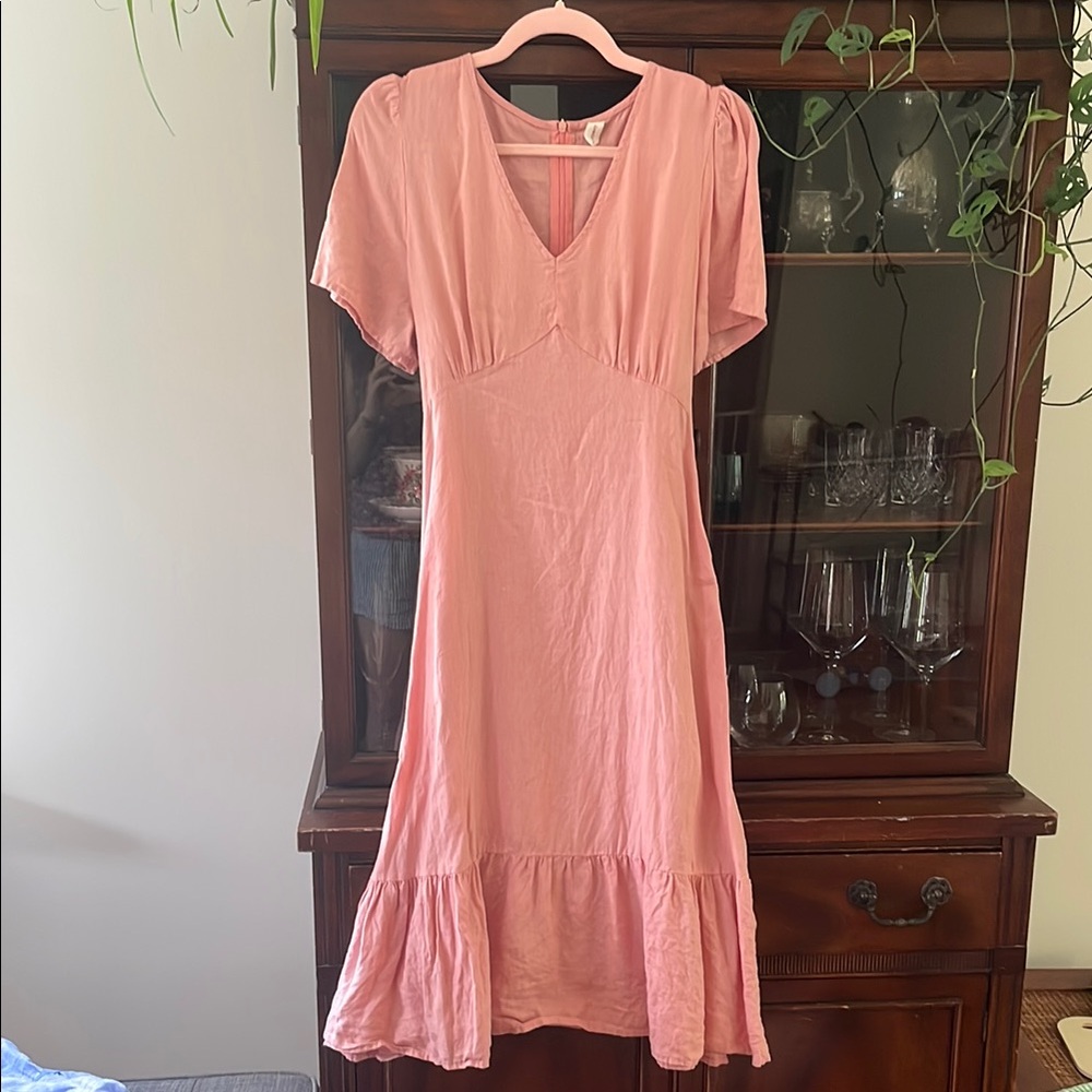 Pink 100% Linen Tie-Back Dress with Pockets